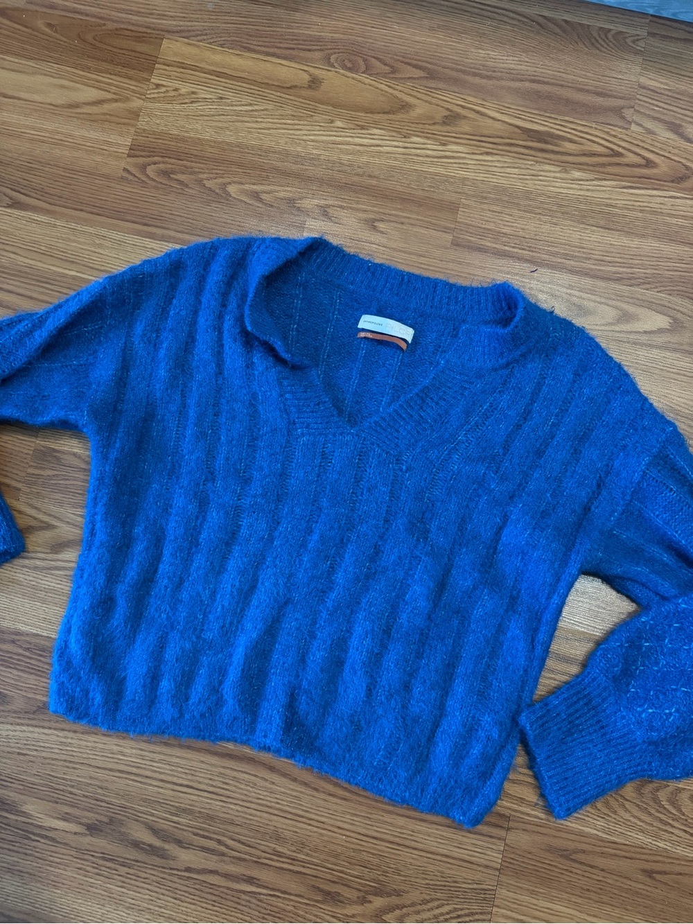 Anthropologie Pilcro Maggie Fuzzy V-Neck Sweater XL Blue